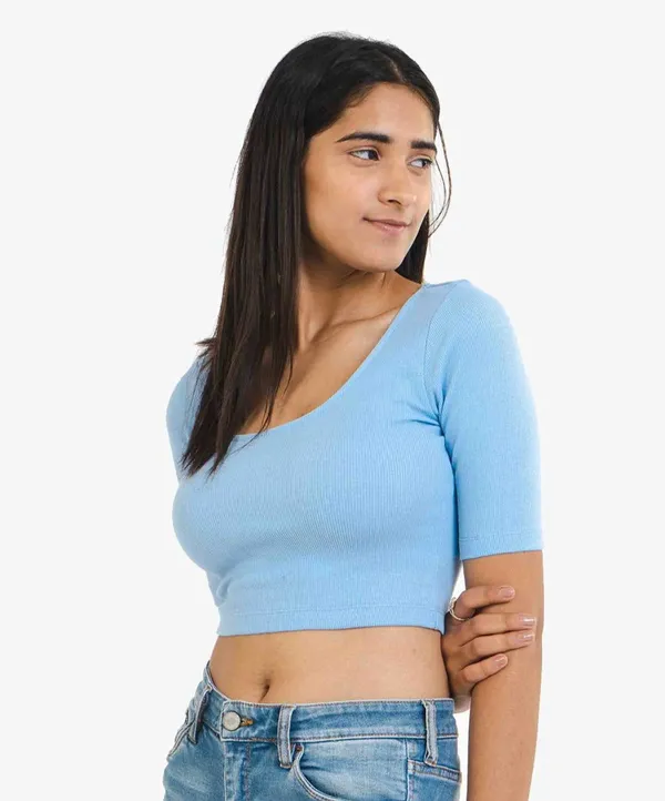 Light_Blue_Ribbed_Half_Sleeves_Top_For_Women