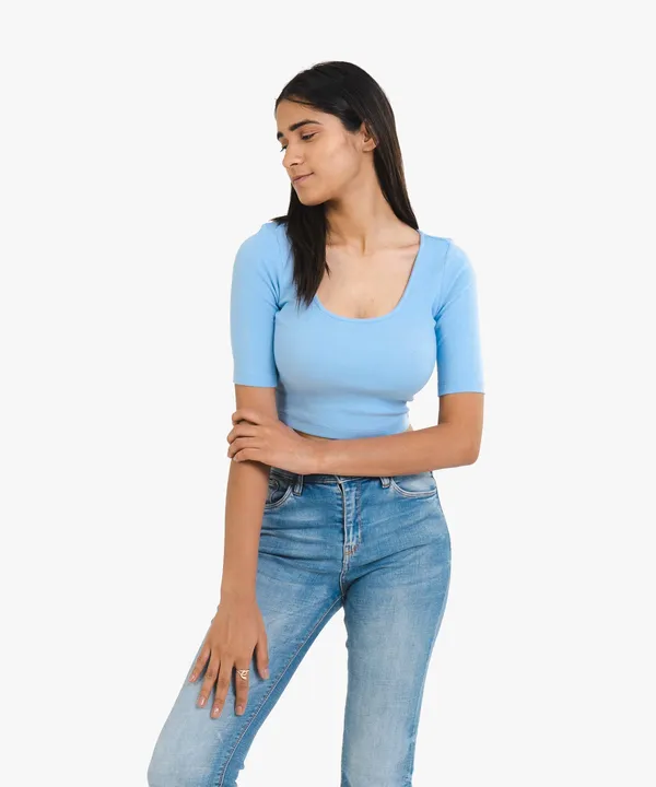Light_Blue_Ribbed_Half_Sleeves_Top_For_Women