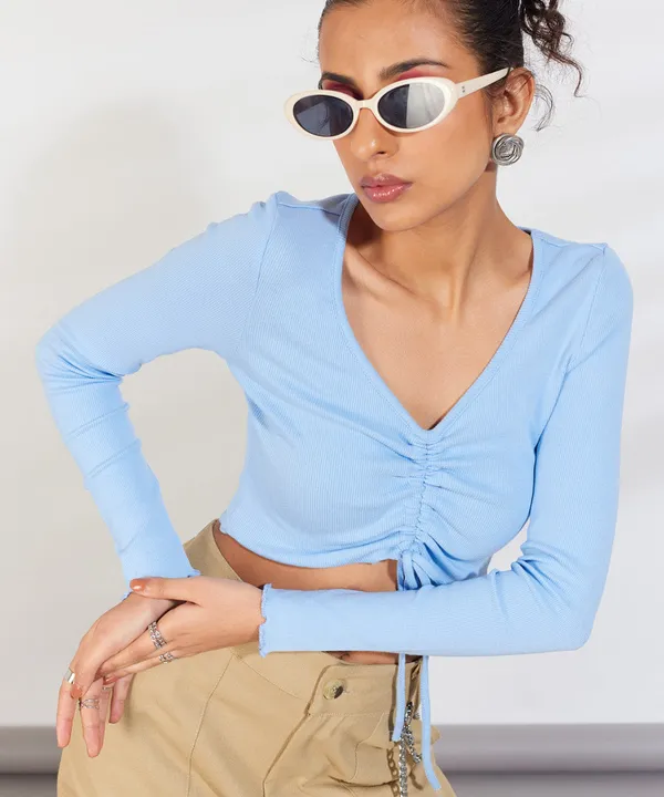 Light_Blue_Ribbed_Overlock_Drawstring_Full_Sleeves_V-Neck_Top_For_Women