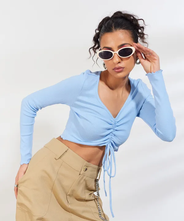 Light_Blue_Ribbed_Overlock_Drawstring_Full_Sleeves_V-Neck_Top_For_Women
