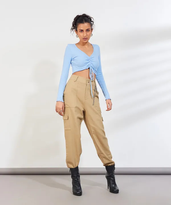 Light_Blue_Ribbed_Overlock_Drawstring_Full_Sleeves_V-Neck_Top_For_Women