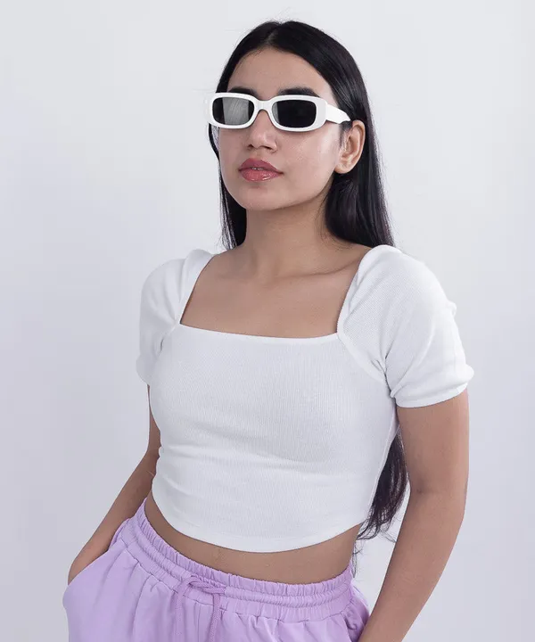 White_Ribbed_Puff_Sleeves_Square_Neck_Top_For_Women