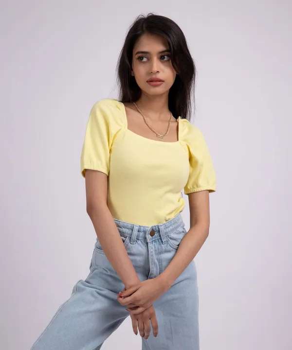 Lemon_Ribbed_Puff_Sleeves_Square_Neck_Top_For_Women