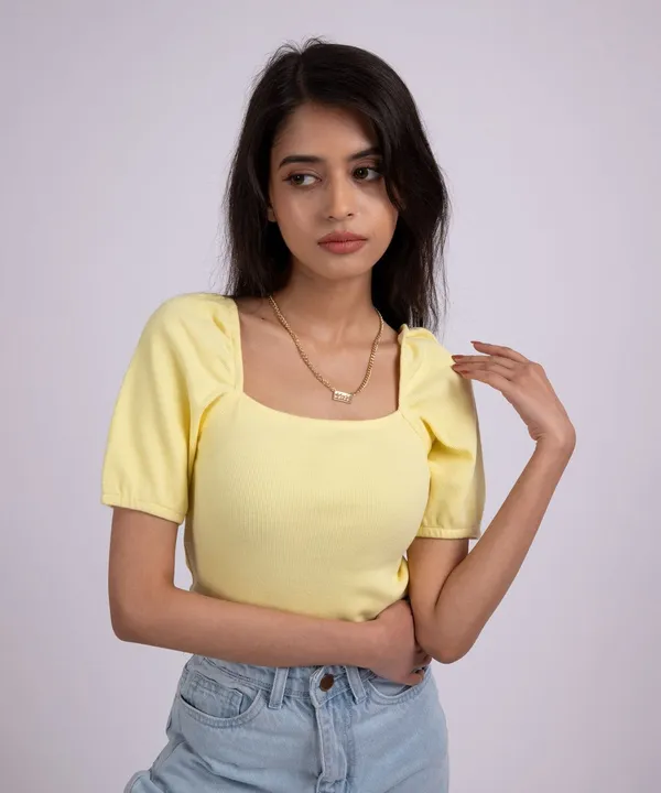 Lemon_Ribbed_Puff_Sleeves_Square_Neck_Top_For_Women