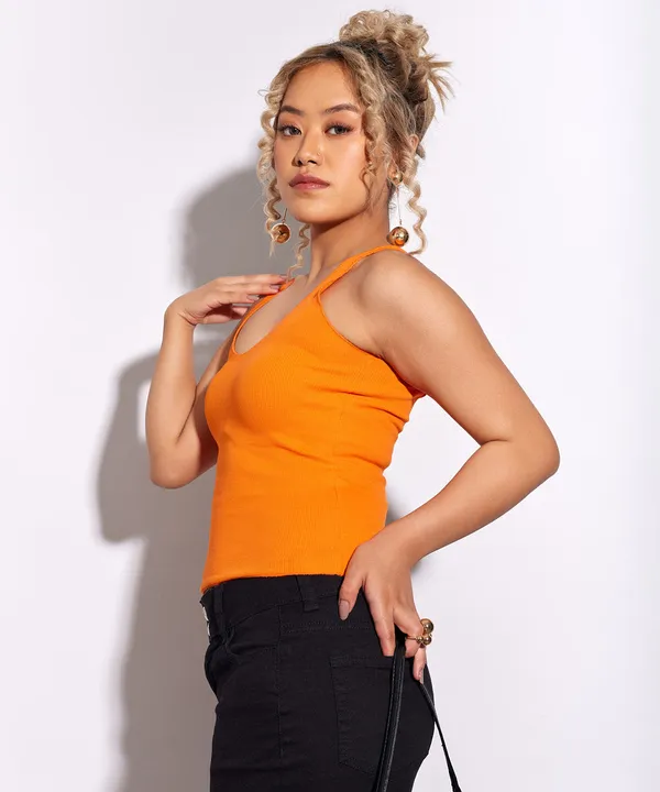 Neon_Orange_Ribbed_V-Neck_Sleeveless_Top_For_Women