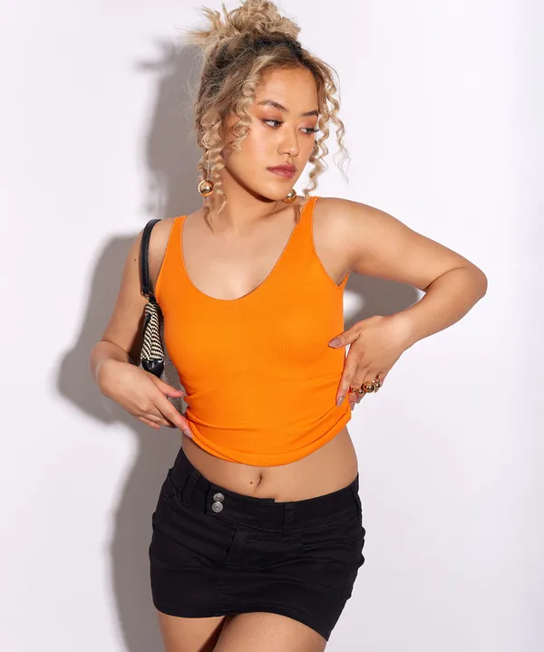 Neon_Orange_Ribbed_V-Neck_Sleeveless_Top_For_Women