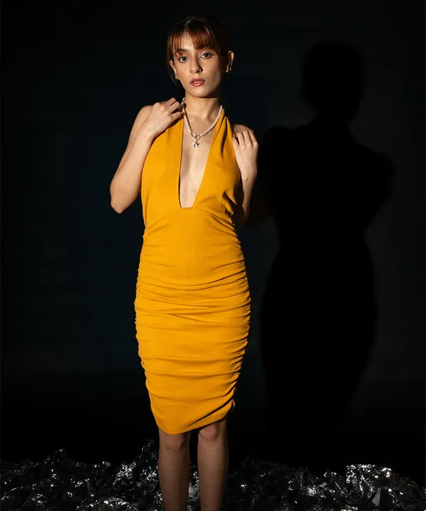 Mustard_Ribbed_Cross_Body_Halter_Neck_Bodycon_Dress_For_Women