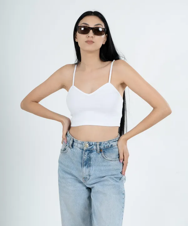 White_Ribbed_Shoulder_Strap_V-Neck_Top_For_Women