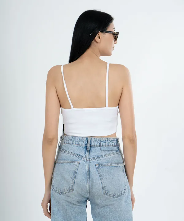White_Ribbed_Shoulder_Strap_V-Neck_Top_For_Women