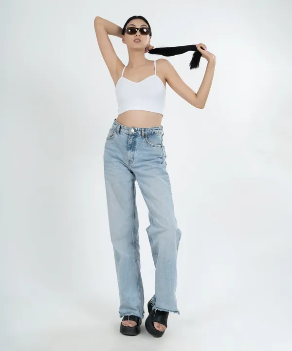 White_Ribbed_Shoulder_Strap_V-Neck_Top_For_Women