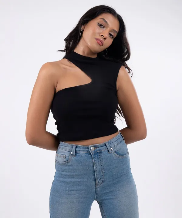 Black_Ribbed_Single_Shoulder_Top_For_Women