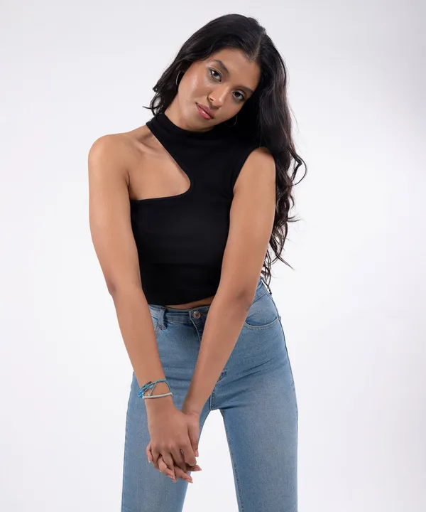Black_Ribbed_Single_Shoulder_Top_For_Women