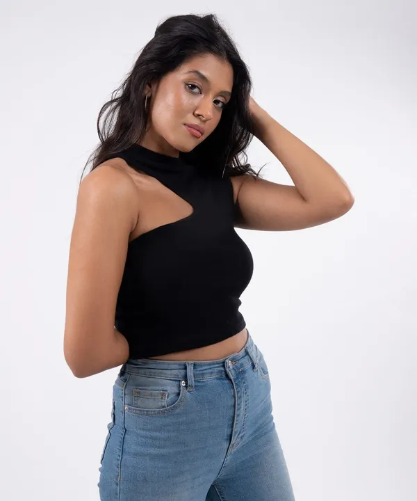 Black_Ribbed_Single_Shoulder_Top_For_Women