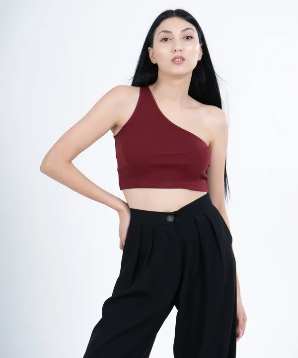 Maroon_Ribbed_Single_Shoulder_Diagonal_Crop_Top_For_Women