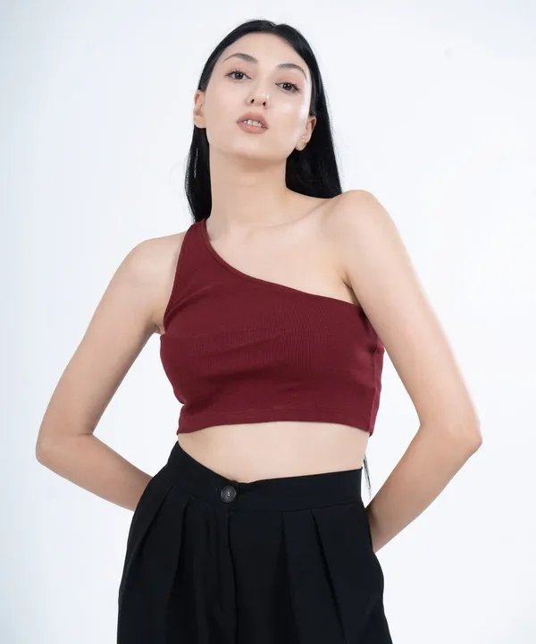 Maroon_Ribbed_Single_Shoulder_Diagonal_Crop_Top_For_Women