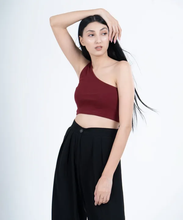 Maroon_Ribbed_Single_Shoulder_Diagonal_Crop_Top_For_Women