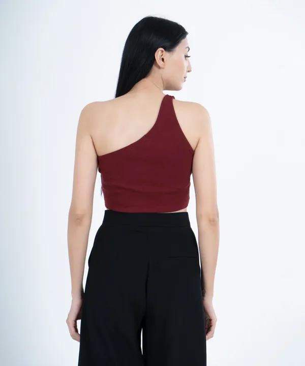 Maroon_Ribbed_Single_Shoulder_Diagonal_Crop_Top_For_Women