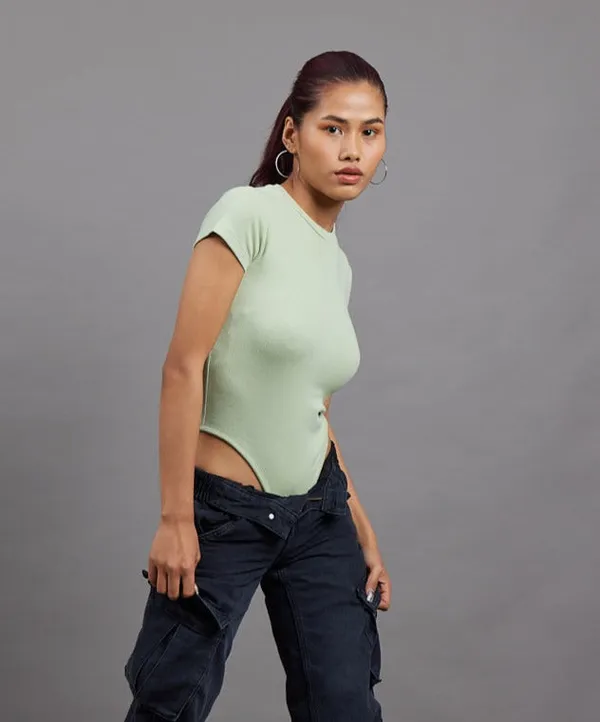 Pastel_Green_Ribbed_Round_Neck_Thong_Bodysuit_For_Women