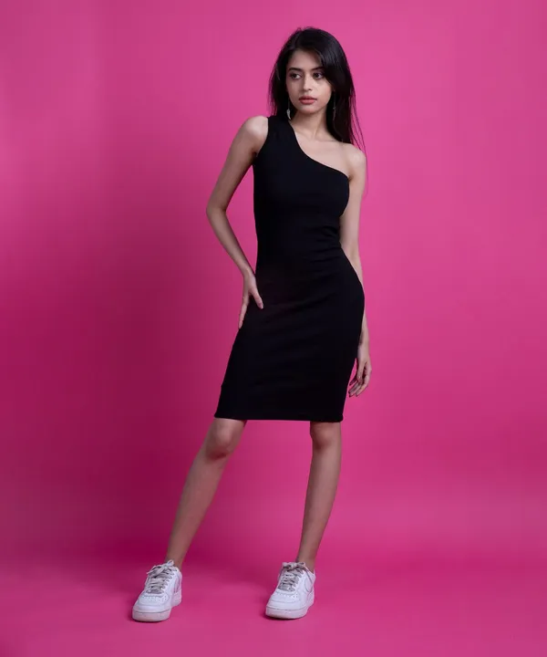 Black_Ribbed_Single_Shoulder_Slim_Fit_Bodycon_Dress_For_Women