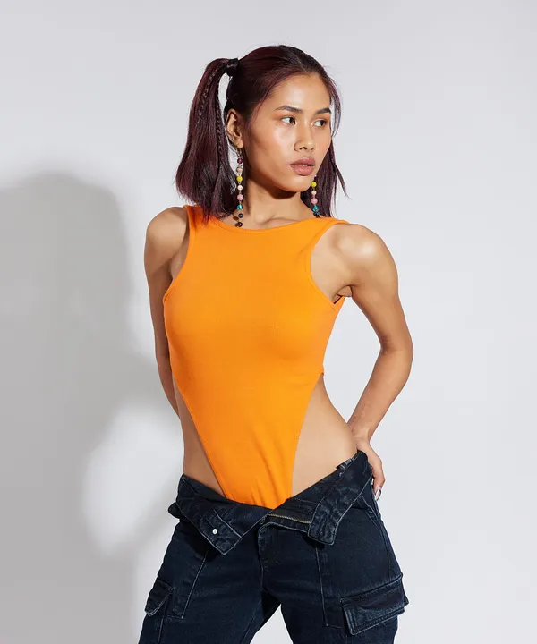 Neon_Orange_Ribbed_Wide_Shoulder_Thong_Bodysuit_For_Women