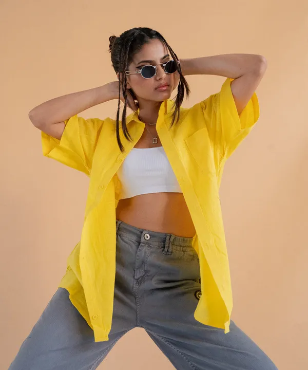 Yellow_Half_Sleeves_Oversized_Rayon_Cotton_Shirt_For_Women