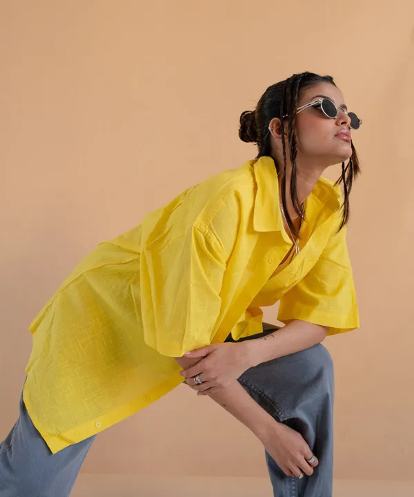 Yellow_Half_Sleeves_Oversized_Rayon_Cotton_Shirt_For_Women