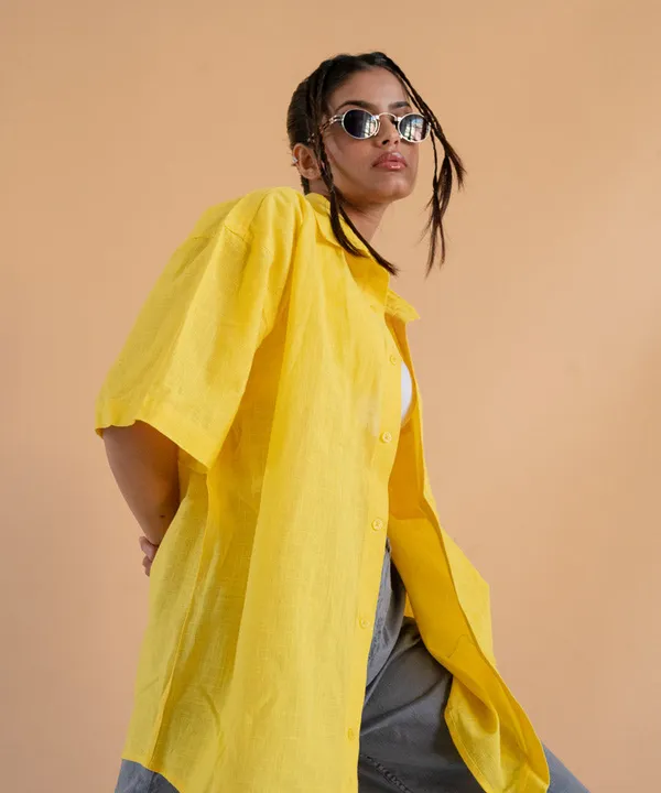 Yellow_Half_Sleeves_Oversized_Rayon_Cotton_Shirt_For_Women