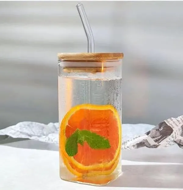Transparent_Square_Glass_Mason_Sipper_With_Airtight_Bamboo_Lid_And_Glass_Straw_Beer_Can_Glasses_Tumbler_For_Fruit_Juice_Milk_Soda_Iced_Tea_Coffee_Hot_&_Cold_Mug_350Ml_(Pack_Of_1)