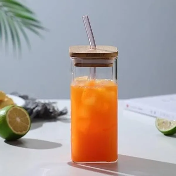 Transparent_Square_Glass_Mason_Sipper_With_Airtight_Bamboo_Lid_And_Glass_Straw_Beer_Can_Glasses_Tumbler_For_Fruit_Juice_Milk_Soda_Iced_Tea_Coffee_Hot_&_Cold_Mug_350Ml_(Pack_Of_1)