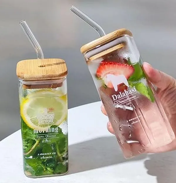 Transparent_Square_Glass_Mason_Sipper_With_Airtight_Bamboo_Lid_And_Glass_Straw_Beer_Can_Glasses_Tumbler_For_Fruit_Juice_Milk_Soda_Iced_Tea_Coffee_Hot_&_Cold_Mug_350Ml_(Pack_Of_1)