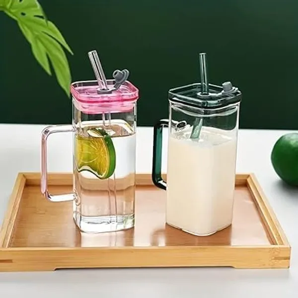 Transparent_Multiclour_Glass_Sipper_Tumbler_Mug_With_Acrylic/Glass_Lid_And_Straw_-_400Ml_(Square_With_Handle_Set_Of_4_Clear)