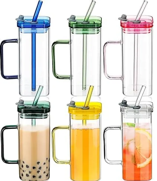 Transparent_Multiclour_Glass_Sipper_Tumbler_Mug_With_Acrylic/Glass_Lid_And_Straw_-_400Ml_(Square_With_Handle_Set_Of_4_Clear)