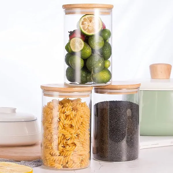 220_Ml_Transparent_Spice_Glass_Jars_With_Bamboo_Wooden_Airtight_Lids_,_Food_Storage_Containers_Round_Shape_,_Kitchen_Sugar,_Candy,_Cookie,_Rice_And_Spice_Jar