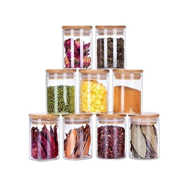220_Ml_Transparent_Spice_Glass_Jars_With_Bamboo_Wooden_Airtight_Lids_,_Food_Storage_Containers_Round_Shape_,_Kitchen_Sugar,_Candy,_Cookie,_Rice_And_Spice_Jar