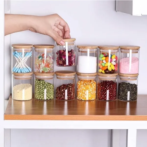 220_Ml_Transparent_Spice_Glass_Jars_With_Bamboo_Wooden_Airtight_Lids_,_Food_Storage_Containers_Round_Shape_,_Kitchen_Sugar,_Candy,_Cookie,_Rice_And_Spice_Jar
