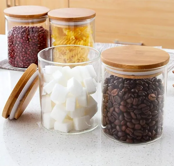 220_Ml_Transparent_Spice_Glass_Jars_With_Bamboo_Wooden_Airtight_Lids_,_Food_Storage_Containers_Round_Shape_,_Kitchen_Sugar,_Candy,_Cookie,_Rice_And_Spice_Jar