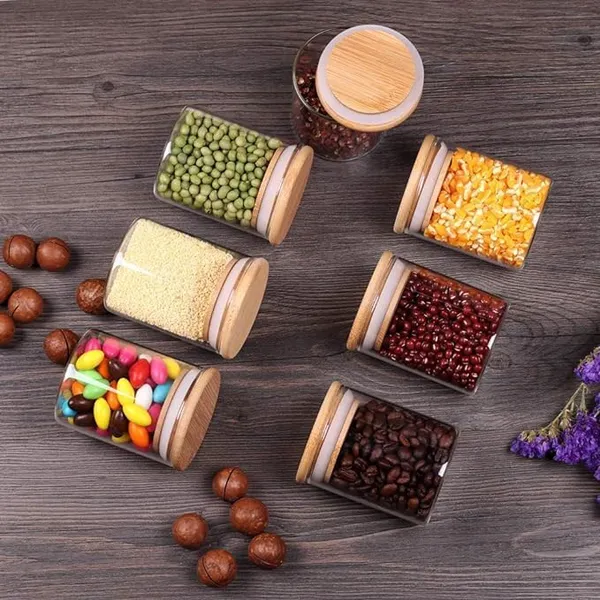 220_Ml_Transparent_Spice_Glass_Jars_With_Bamboo_Wooden_Airtight_Lids_,_Food_Storage_Containers_Round_Shape_,_Kitchen_Sugar,_Candy,_Cookie,_Rice_And_Spice_Jar