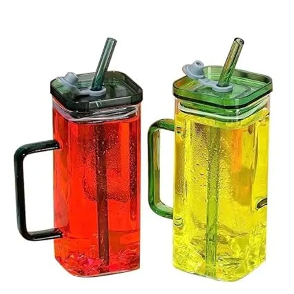 Multicolor_Random_Clour_Squre_Glass_Sipper_Tumbler_Tea_Coffee_Can_With_Acrylic/Wooden_Lid_And_Straw_-_400Ml_-_Pack_Of_2_-_Fruit_Milk_Juice_Cup_Glass_Straw_(Square_With_Handle_2)