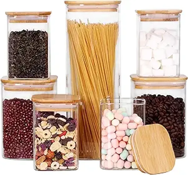 Transparent_Glass_Storage_Canister_With_Wooden_Lid_Set_Of_6_Square_Glass_Jars_With_Bamboo_Lids_Glass_Food_Storage_Containers_For_Pasta_Cereal_Flour_Sugar_Best_For_Kitchen_&_Pantry_700Ml