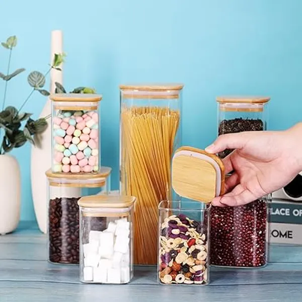 Transparent_Glass_Storage_Canister_With_Wooden_Lid_Set_Of_6_Square_Glass_Jars_With_Bamboo_Lids_Glass_Food_Storage_Containers_For_Pasta_Cereal_Flour_Sugar_Best_For_Kitchen_&_Pantry_700Ml