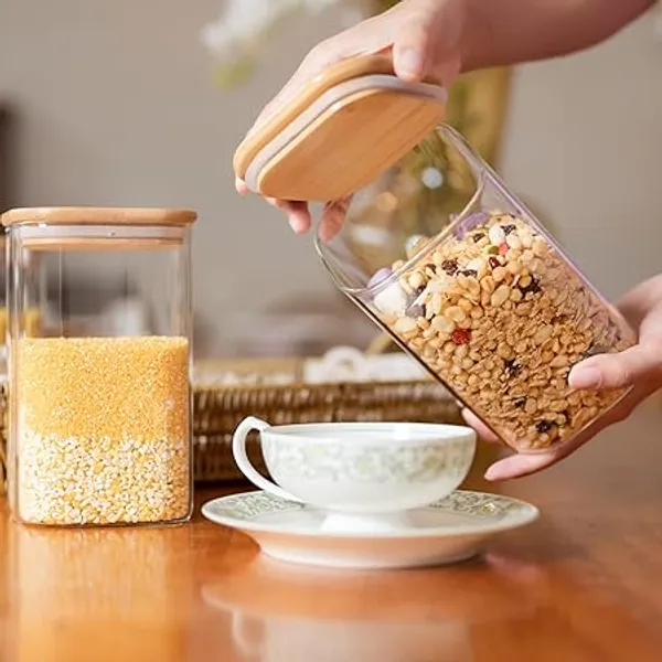 Transparent_Set_Of_6_Glass_Storage_Containers_Clear_Glass_Food_Canister_With_Bamboo_Lid_Airtight_For_Serving_Tea_Coffee_Flour_Sugar_Candy_Cookie_Spice_And_More_(Square)_1.4L