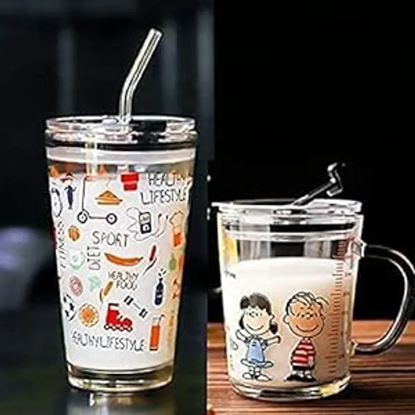 Transparent_Clear_Glass_Mug_Random_Design_Cartoon_Pattern_Creative_Multipurpose_Drinking_Measuring_Cup_With_Silicone_Straw_And_Lid_(350Ml+400Ml)_-Pack_Of_2