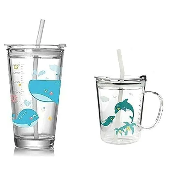 Transparent_Clear_Glass_Mug_Random_Design_Cartoon_Pattern_Creative_Multipurpose_Drinking_Measuring_Cup_With_Silicone_Straw_And_Lid_(350Ml+400Ml)_-Pack_Of_2