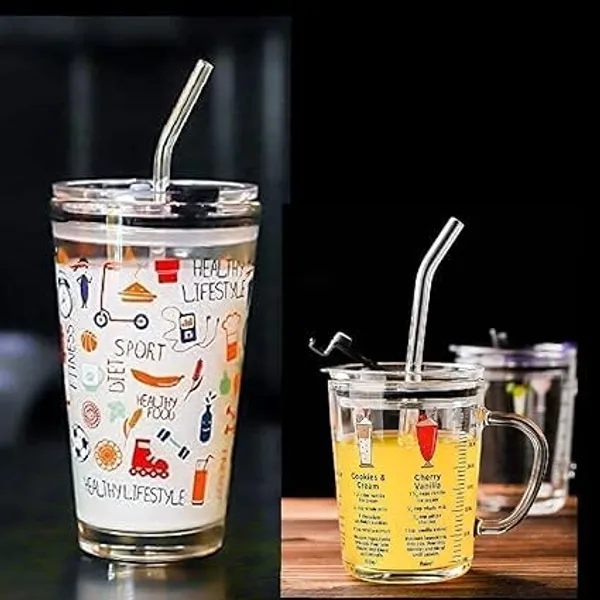 Transparent_Clear_Glass_Mug_Random_Design_Cartoon_Pattern_Creative_Multipurpose_Drinking_Measuring_Cup_With_Silicone_Straw_And_Lid_(350Ml+400Ml)_-Pack_Of_2