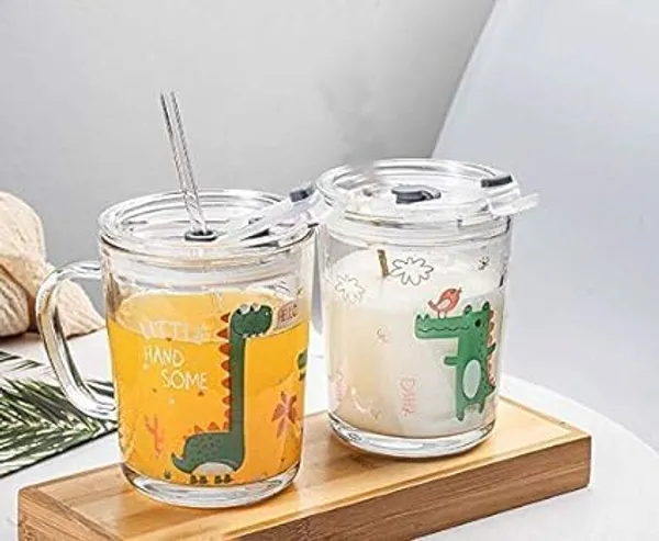Transparent_Clear_Glass_Mug_Random_Design_Cartoon_Pattern_Creative_Multipurpose_Drinking_Measuring_Cup_With_Silicone_Straw_And_Lid_(350Ml+400Ml)_-Pack_Of_2