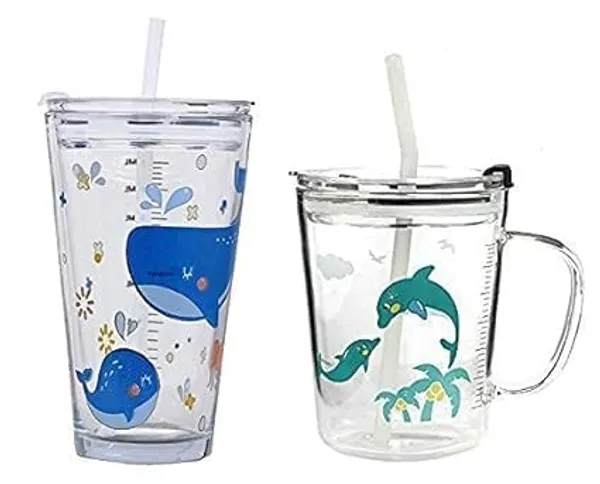 Transparent_Clear_Glass_Mug_Random_Design_Cartoon_Pattern_Creative_Multipurpose_Drinking_Measuring_Cup_With_Silicone_Straw_And_Lid_(350Ml+400Ml)_-Pack_Of_2
