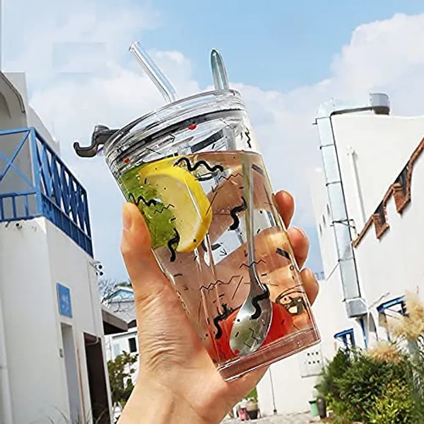 Transparent_Clear_Glass_Tumbler_With_Straw_And_Lid_Reusable_Coffee_Tumbler_Multipurpose_Travel_Sipper_For_Juice_Smoothies_Cold_And_Hot_Beverages_300Ml_Dolphin_Mug