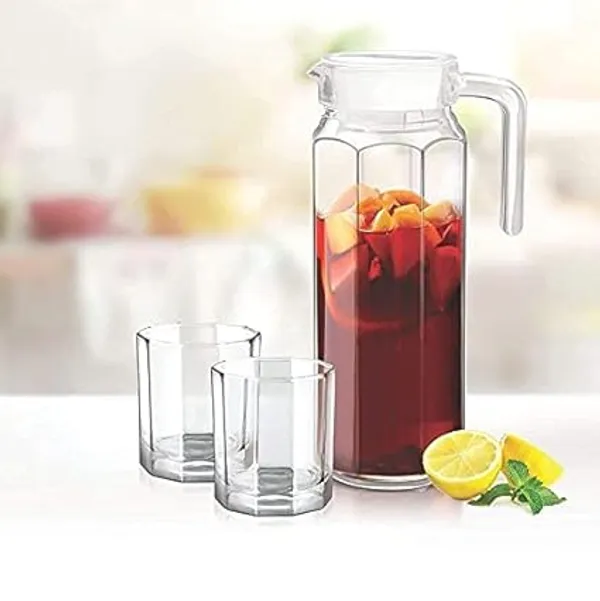 Transparent_Clear_Premium_Water_Jug_With_Plastic_Lid_&_Handle_1.1L_Beverage_Carafe_For_Home_Office_Pitcher_For_Serve_Water_Milk_Juice_Beverage_Chaas_Cocktail_(Octa_Jug_1.1_Ltr)
