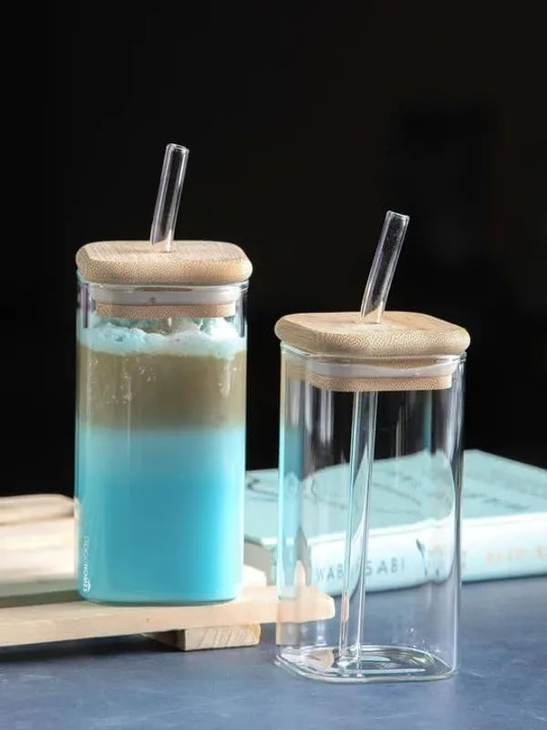 Transparent_Square_Glass_Mason_Jar_Mug_Sipper_With_Airtight_Wooden_Lid_&_Glass_Straw_-_350Ml_Reusable_Travel_Tumbler_For_Hot_&_Cold_Drinks-Juice_Iced_Tea_Smoothie_(Set_Of_2)