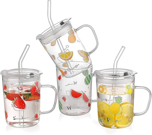 Transparent_Clear_Multiple_Usage_Sipper_With_Straw_Floral/Animal_Print_Mason_With_Lid_Drink_For_Milk_Tea_Coffee_Juice_Thick_Shake_Leak_Proof_-_350_Ml_(Set_Of_4)